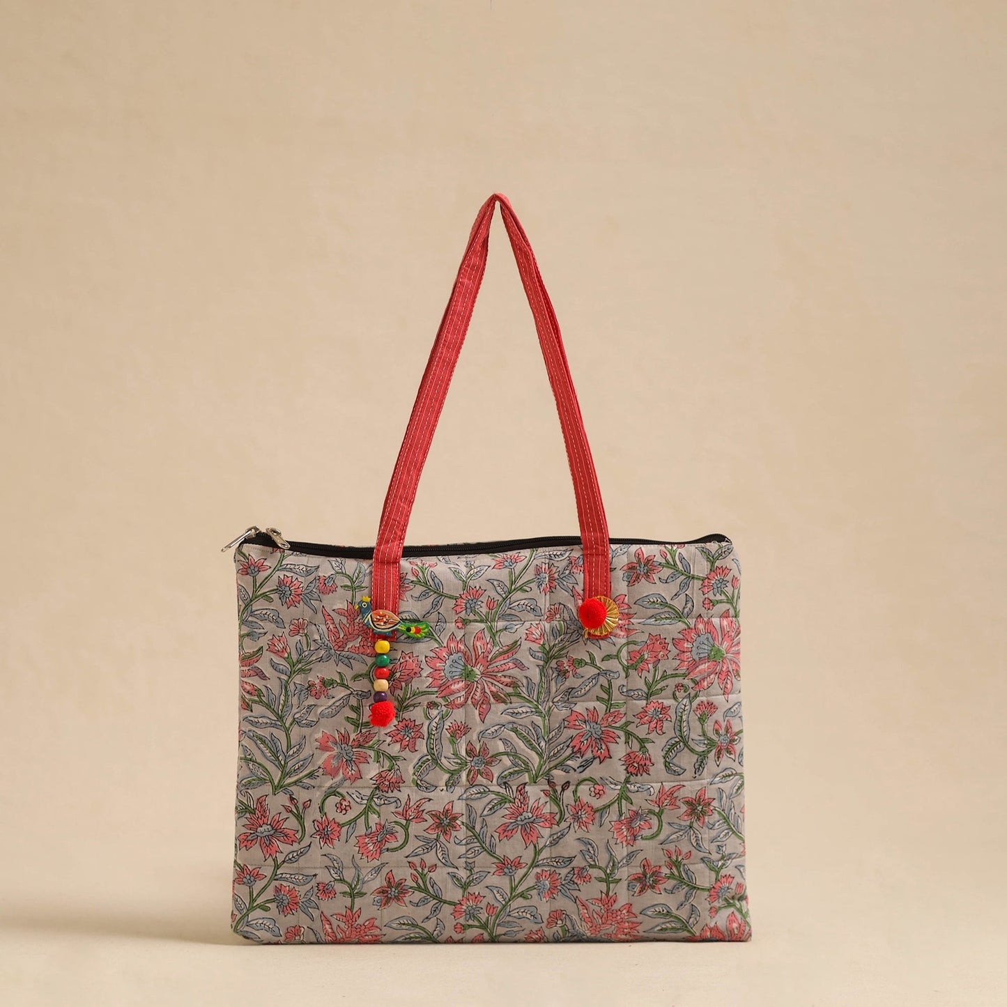 Grey Handcrafted Quilted Cotton Hand Bag