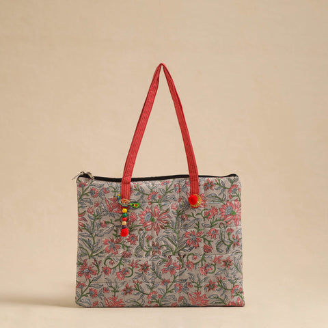 Grey Handcrafted Quilted Cotton Hand Bag