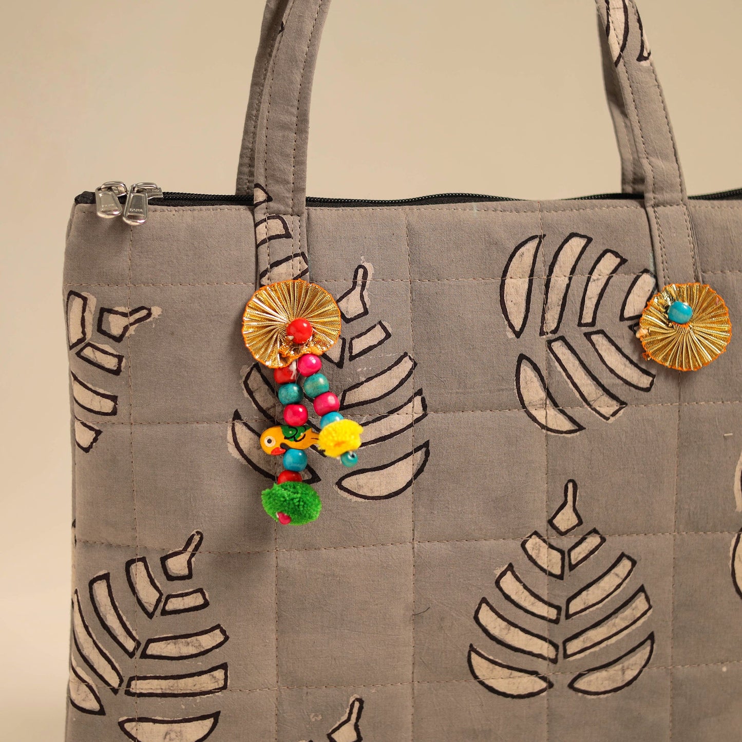 Grey Handcrafted Quilted Cotton Handbag