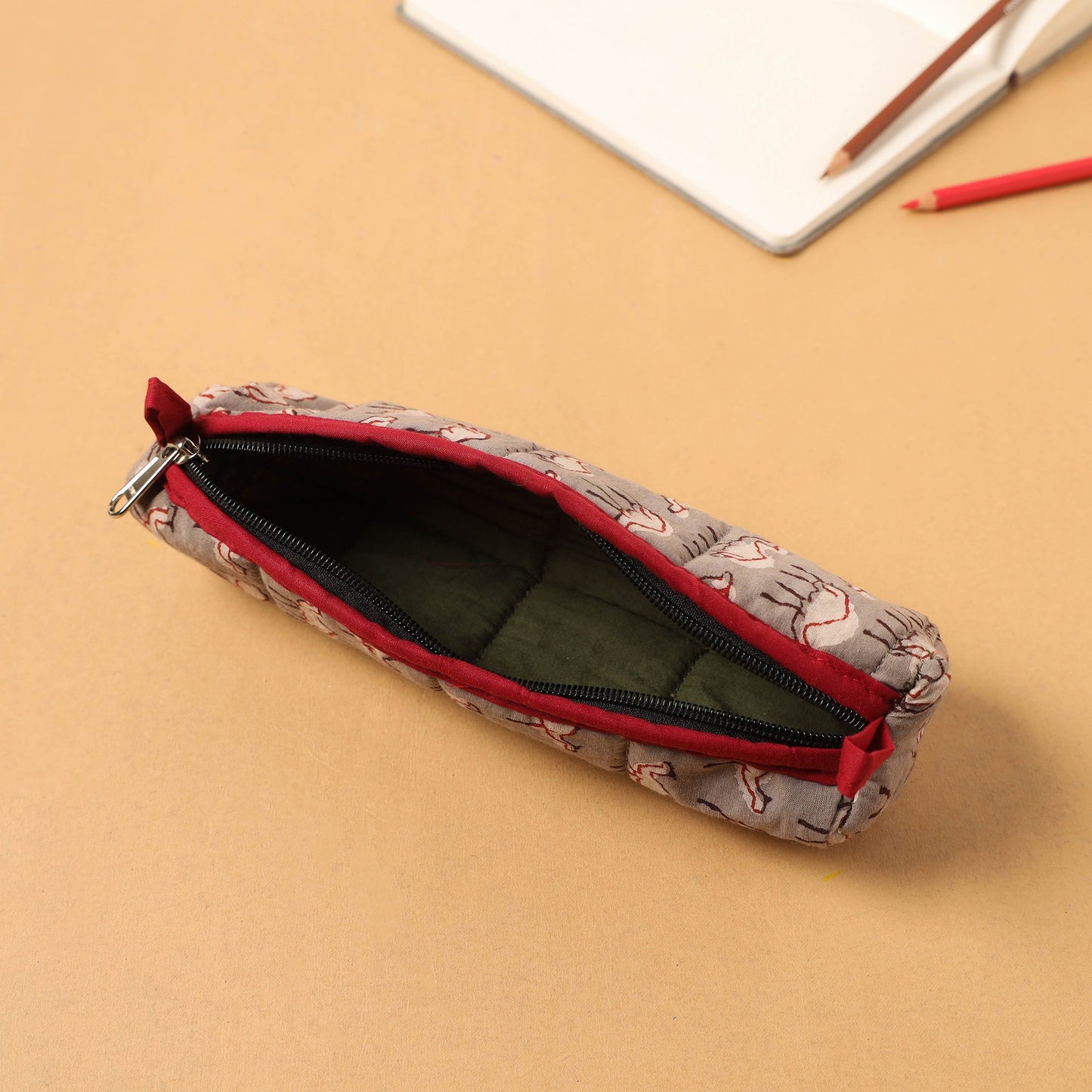 Grey Handcrafted Quilted Cotton Pencil Pouch 