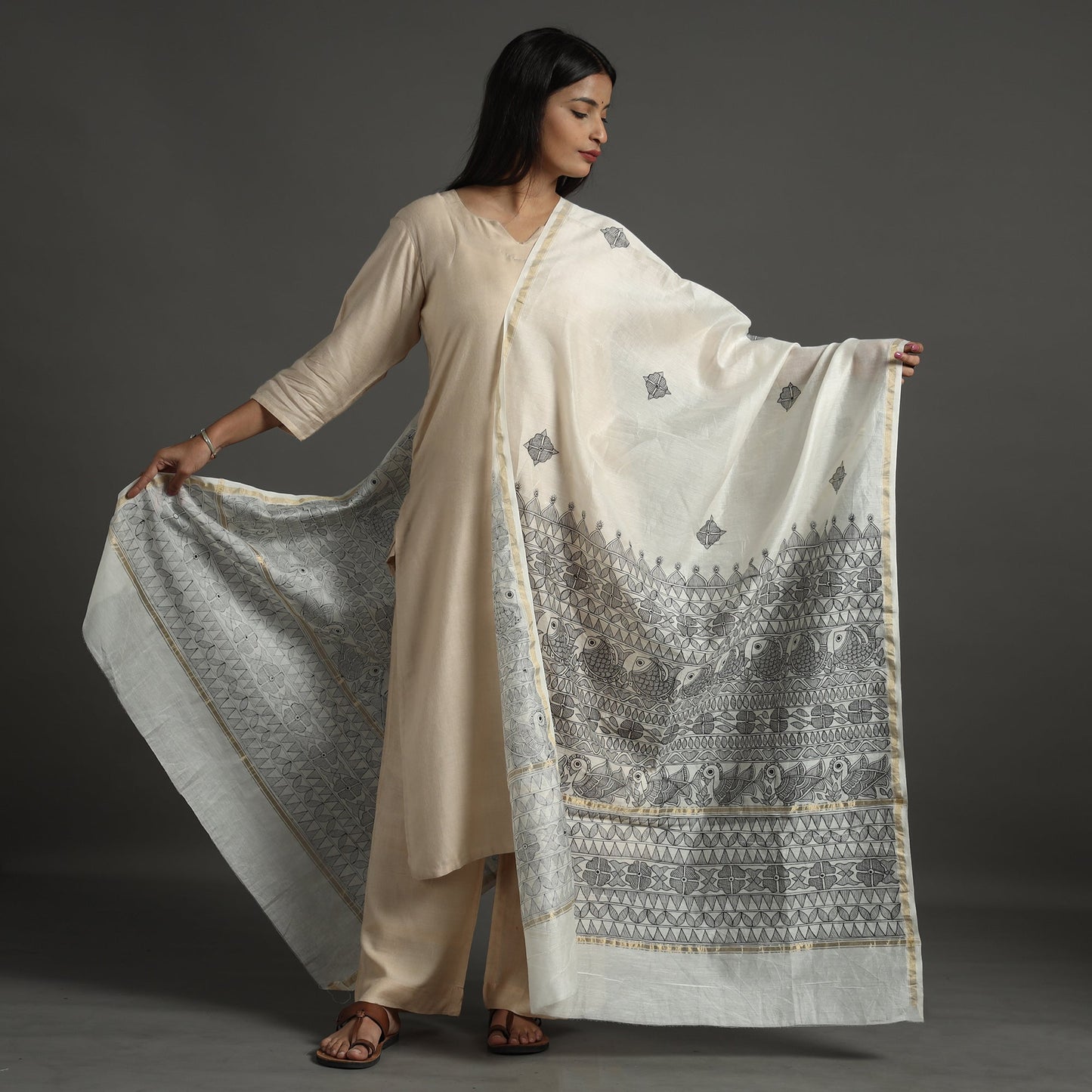  Handloom Chanderi Silk Handpainted Madhubani Dupatta