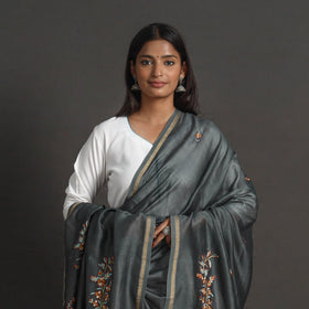 Grey - handloom chanderi silk kashida embroidery dupatta 13