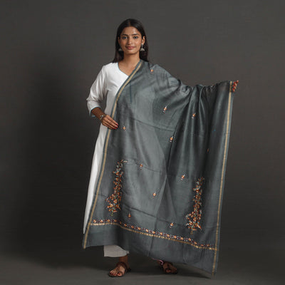 Grey - handloom chanderi silk kashida embroidery dupatta 13