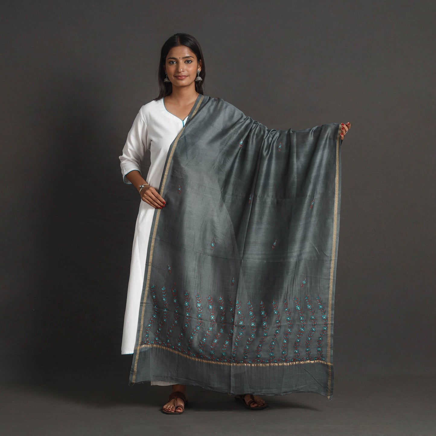 Buy Grey Handloom Chanderi Silk Kashida Embroidery Dupatta Online