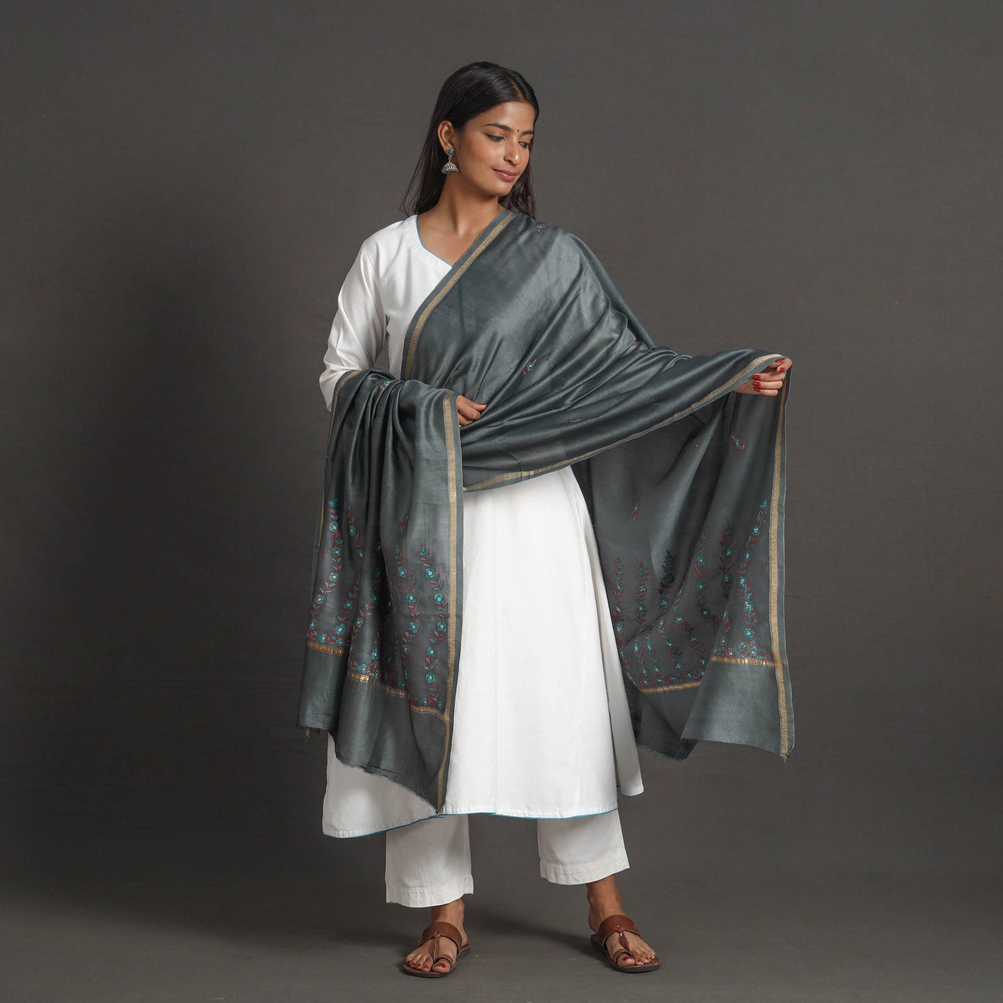 Buy Grey Handloom Chanderi Silk Kashida Embroidery Dupatta Online