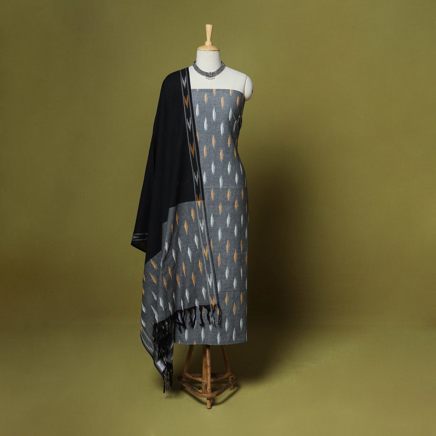 Grey - handloom cotton 3pc pochampally ikat dress material