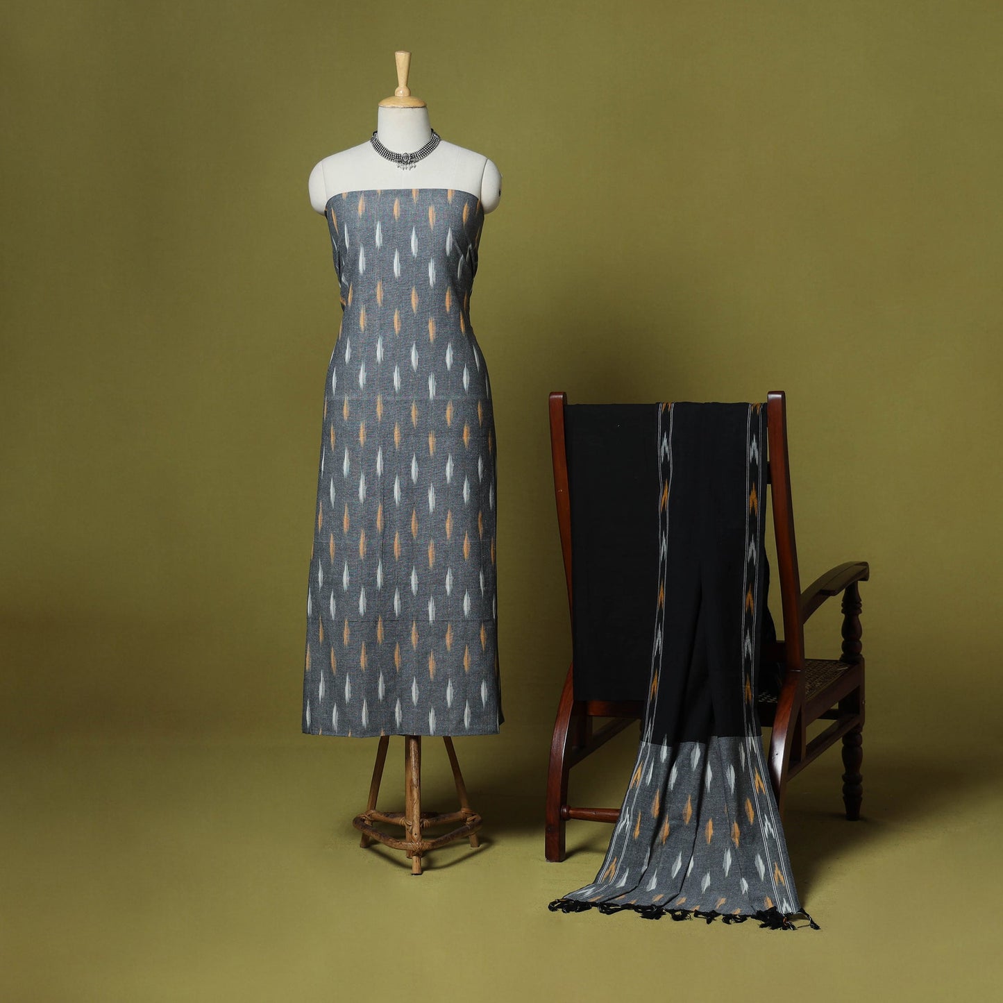 Grey - handloom cotton 3pc pochampally ikat dress material