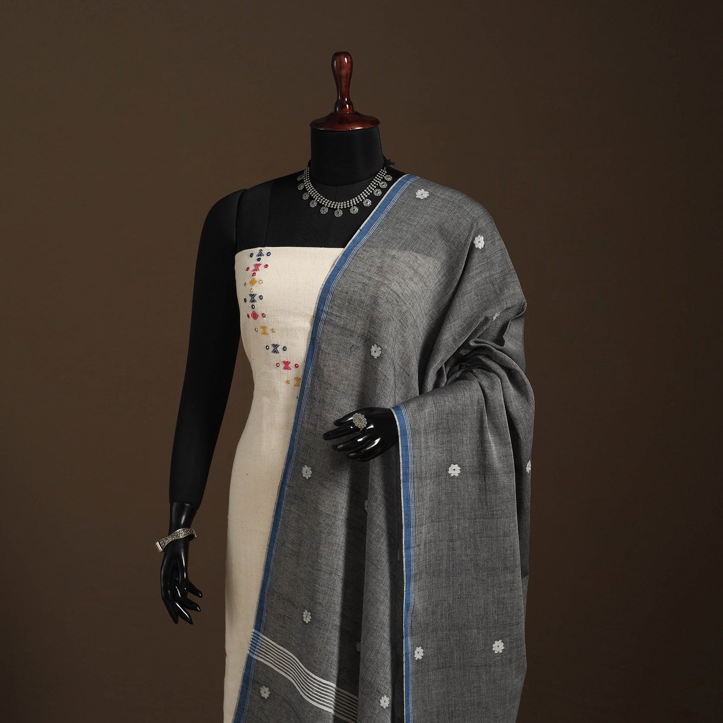 Grey Handloom Cotton Burdwan Jamdani Dupatta