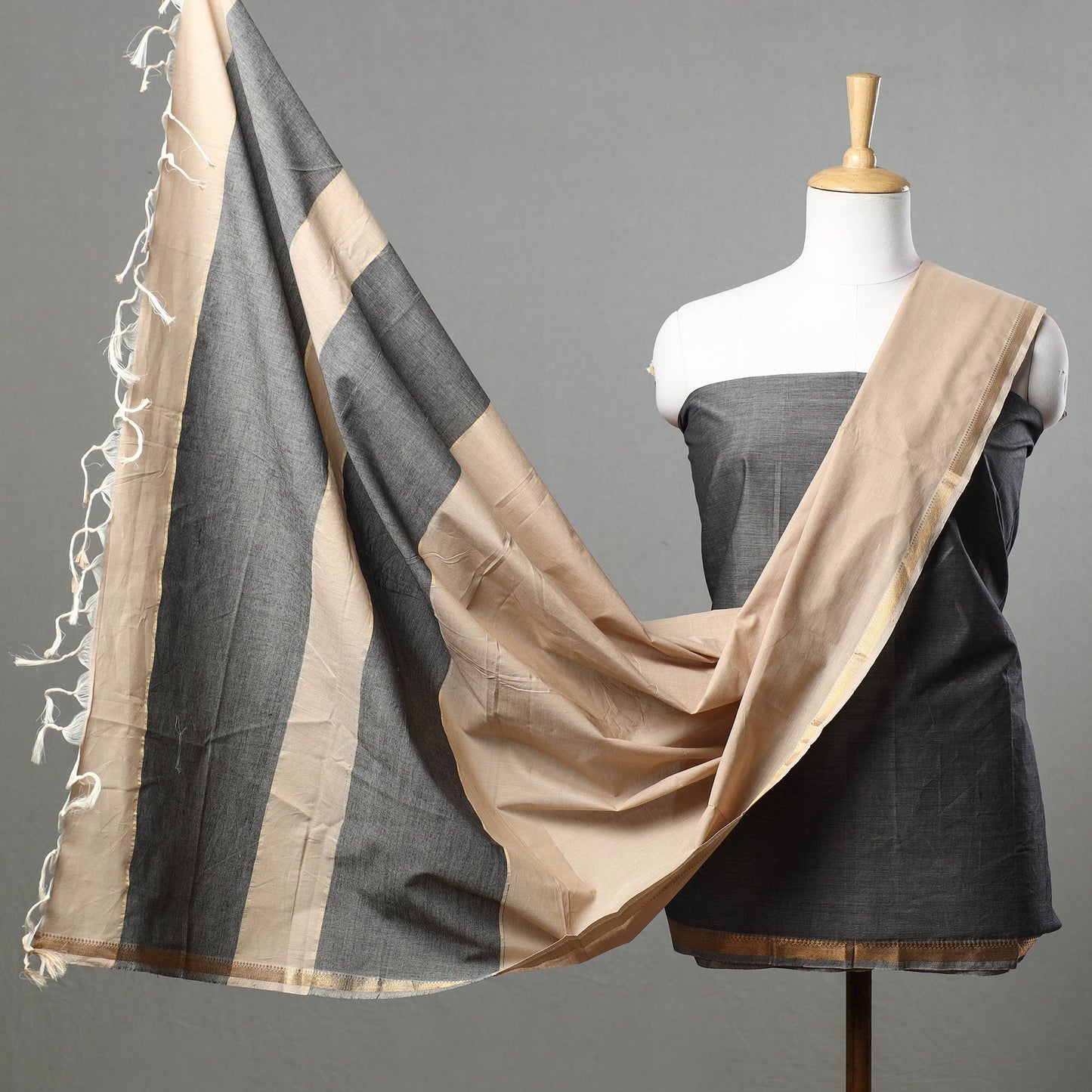  3pc Grey Mangalagiri Handloom Cotton Suit Material Set 