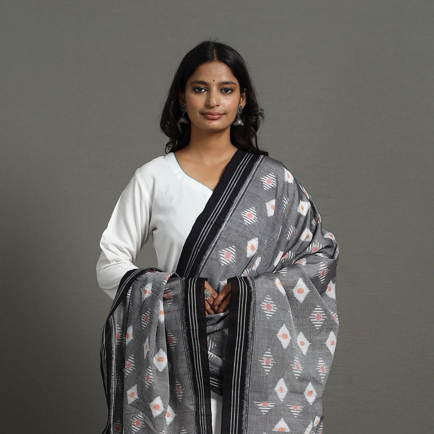 Grey - handloom cotton maniabandha ikat dupatta 27