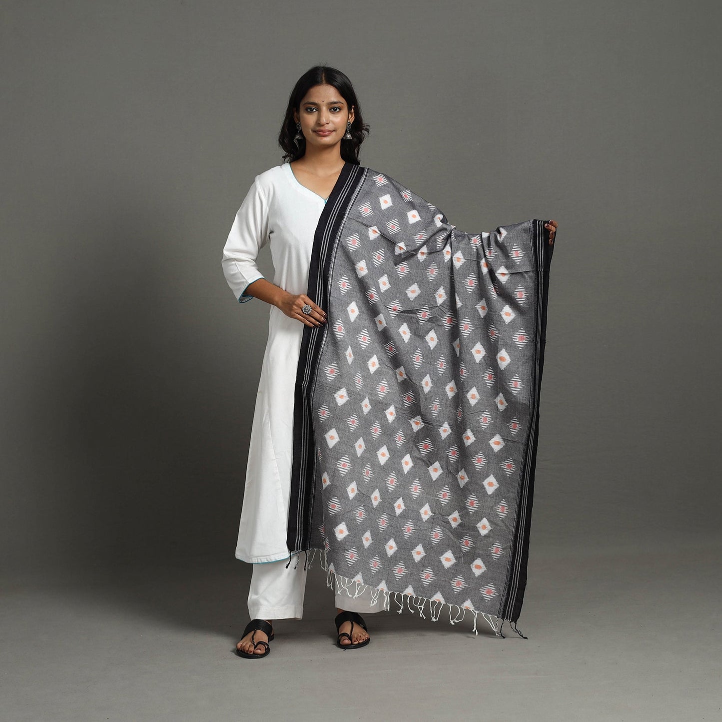 Grey - handloom cotton maniabandha ikat dupatta 27