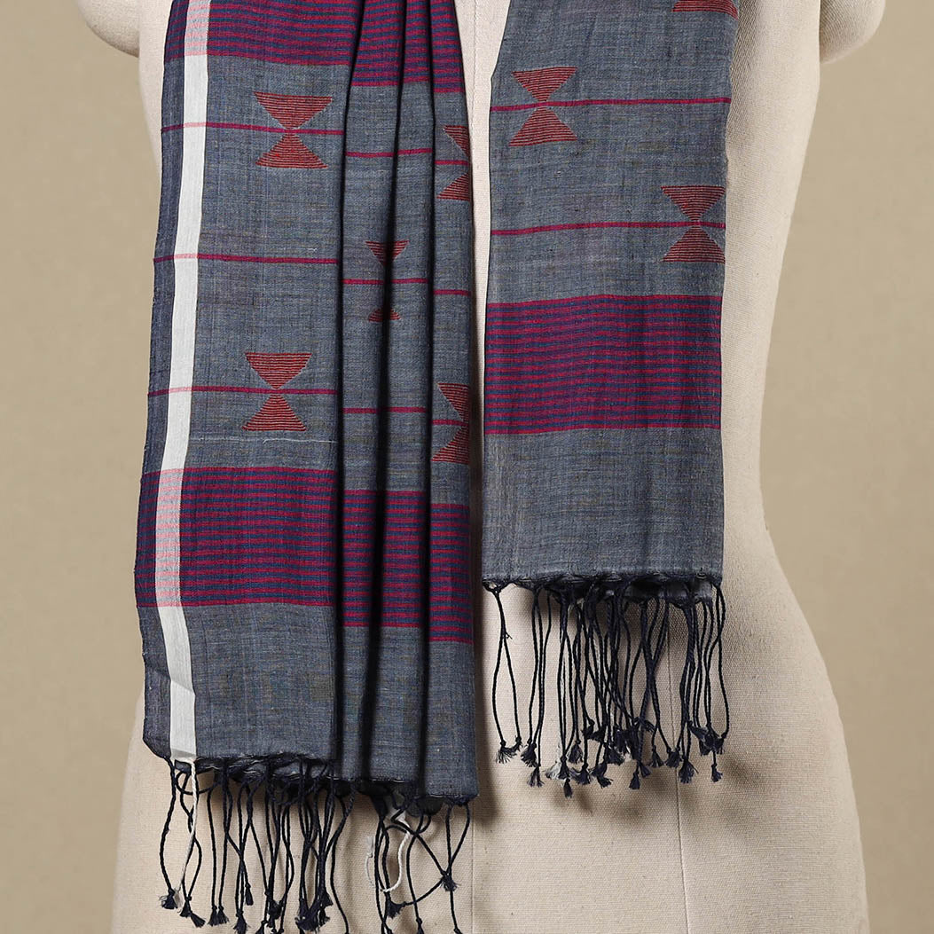 Grey - handloom cotton phulia jamdani stole with tassels 13
