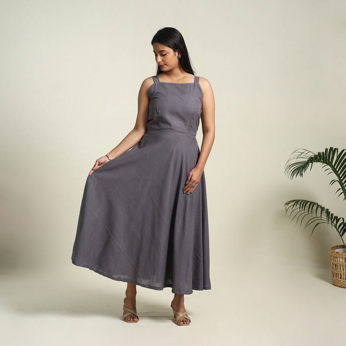 Buy Grey Handloom Cotton Plain Dress