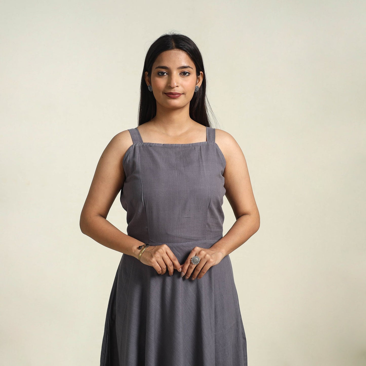 Buy Grey Handloom Cotton Plain Dress