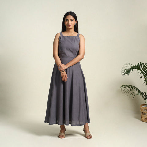 Buy Grey Handloom Cotton Plain Dress