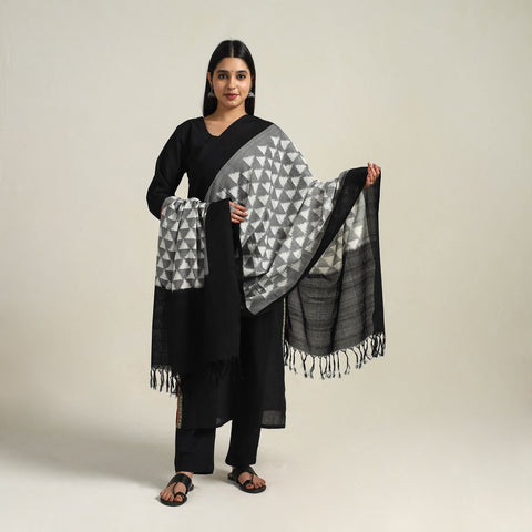Grey - Handloom Cotton Pochampally Double Ikat Dupatta 09