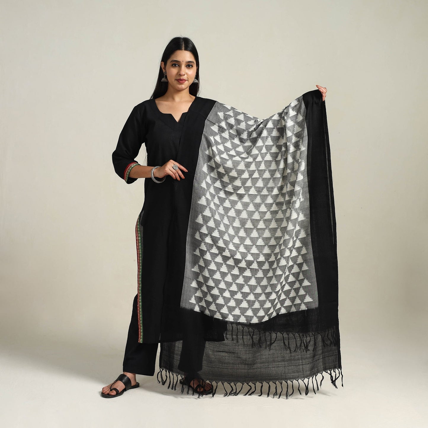 Grey - Handloom Cotton Pochampally Double Ikat Dupatta 09
