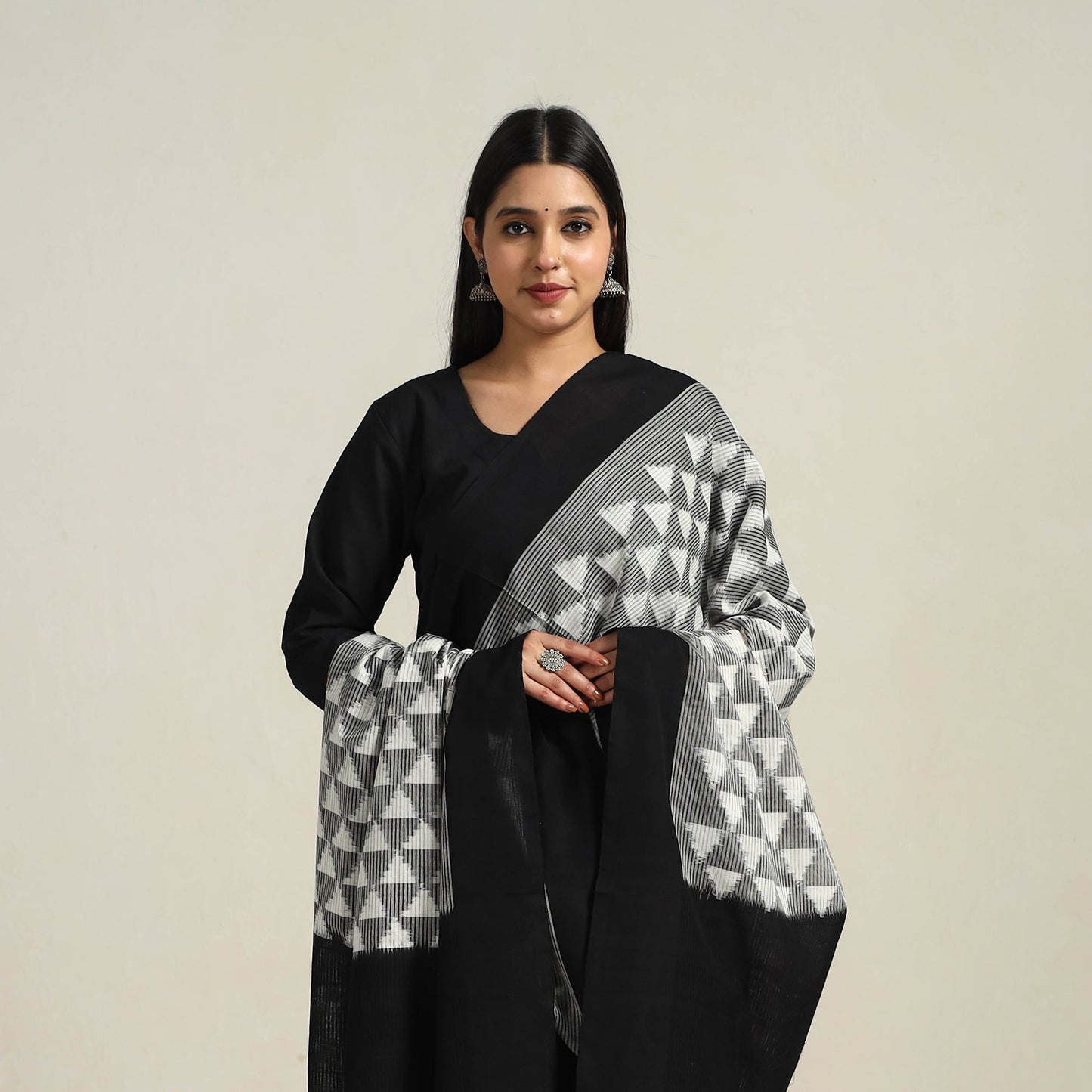 Grey - Handloom Cotton Pochampally Double Ikat Dupatta 09