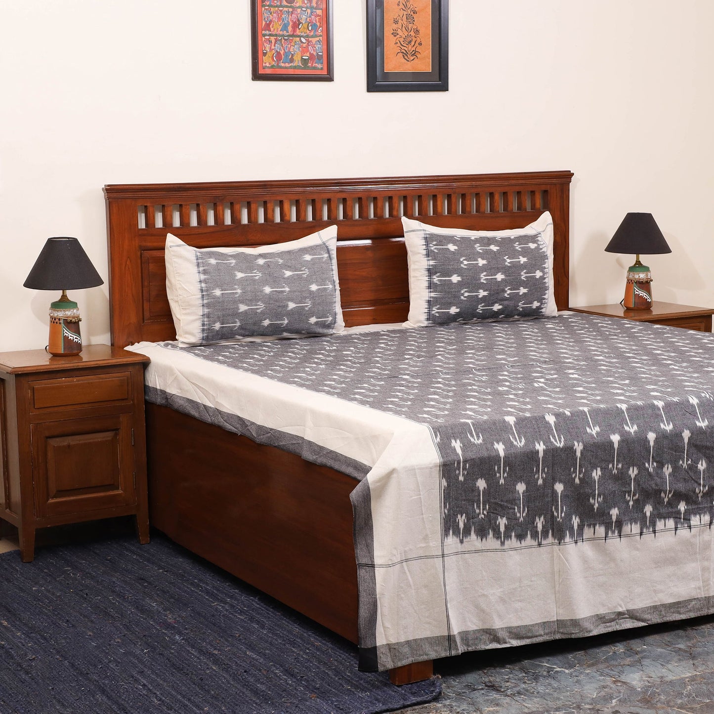 Grey - handloom cotton pochampally ikat double bedsheet set