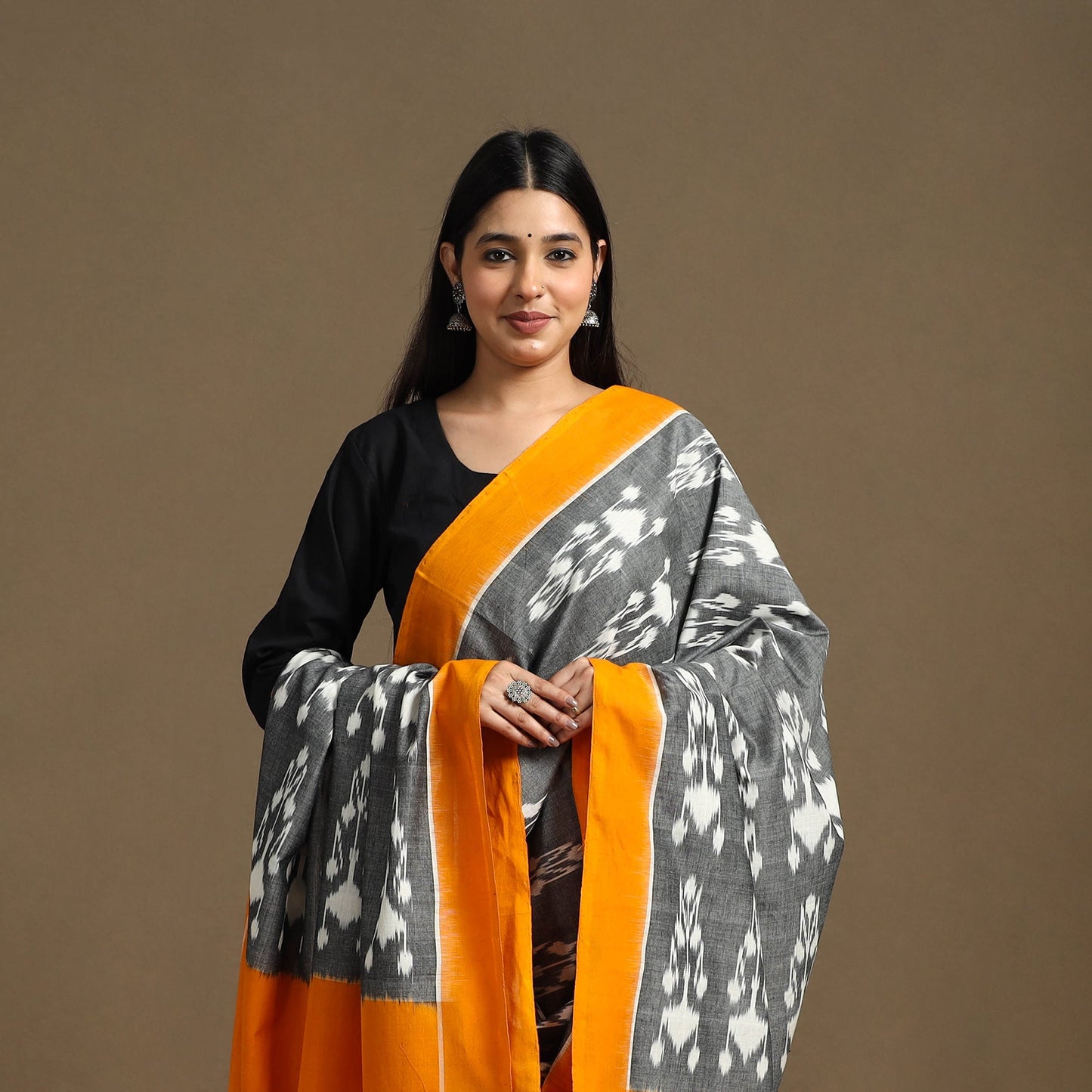 Grey - Handloom Cotton Pochampally Ikat Dupatta 10