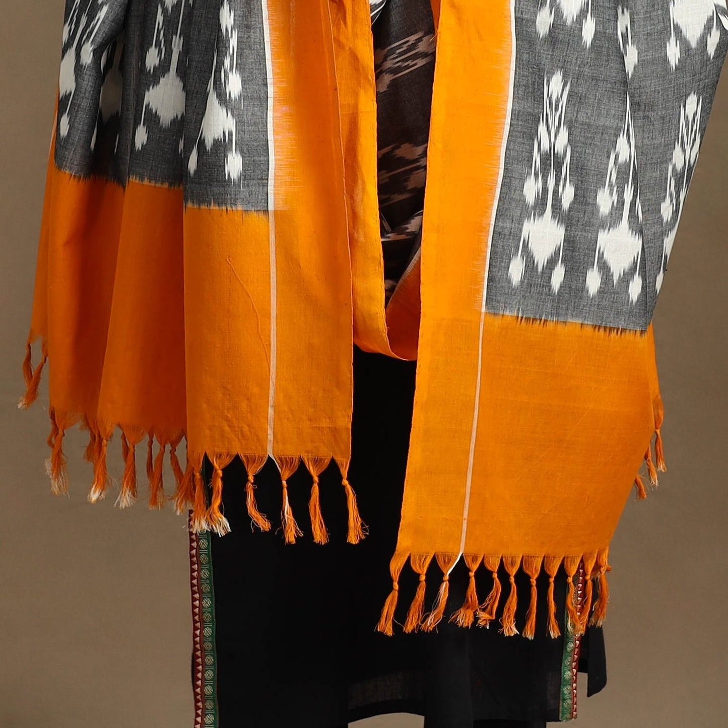 Grey - Handloom Cotton Pochampally Ikat Dupatta 10