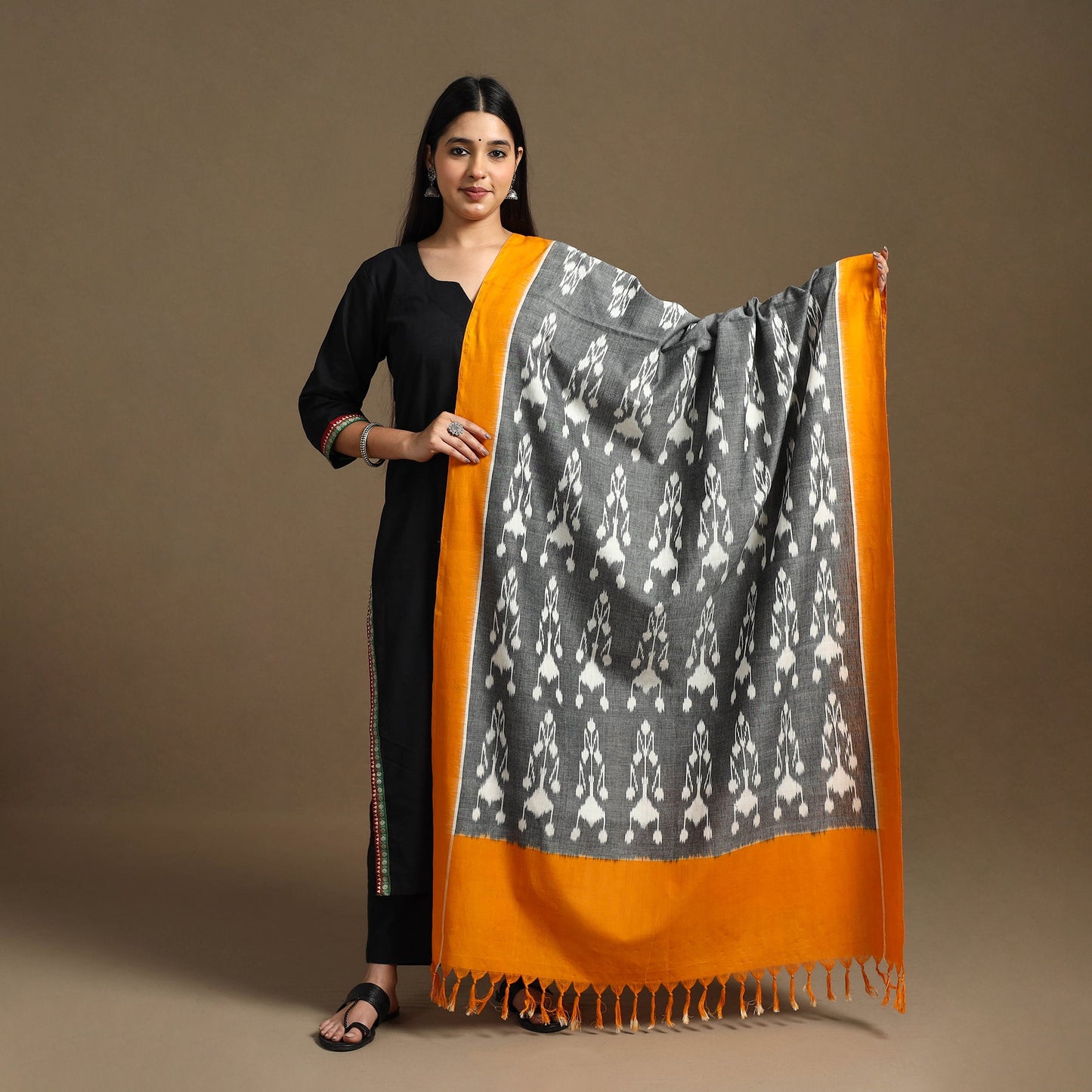 Grey - Handloom Cotton Pochampally Ikat Dupatta 10