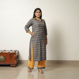 Buy Grey Handloom Cotton Pochampally Ikat Kurta Set Online