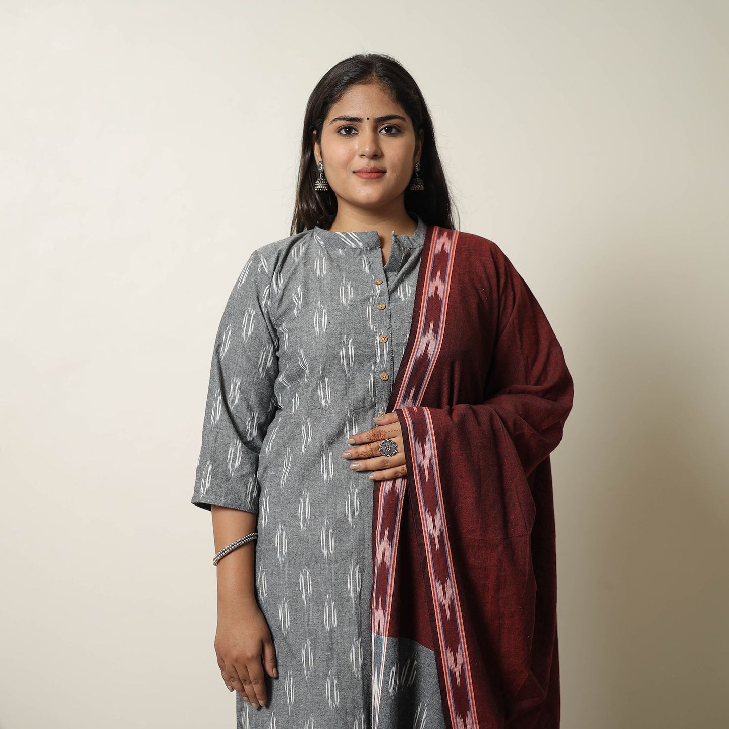 Grey - Handloom Cotton Pochampally Ikat Kurta Set 17
