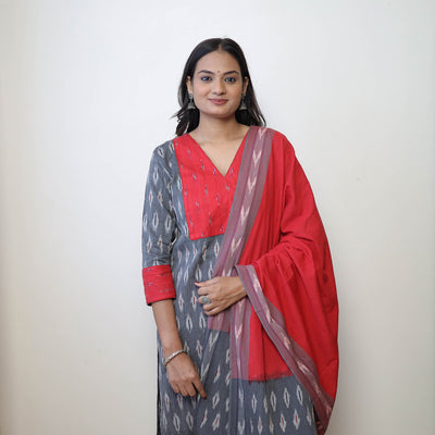 Buy Grey Handloom Cotton Pochampally Ikat Kurta Set Online