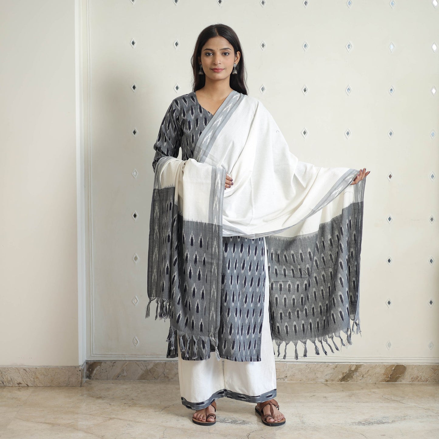  Grey Handloom Cotton Pochampally Ikat Kurta Set 