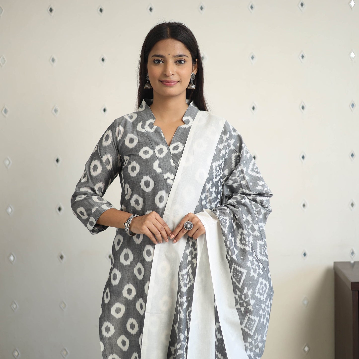 Grey - handloom cotton pochampally ikat kurta set (set