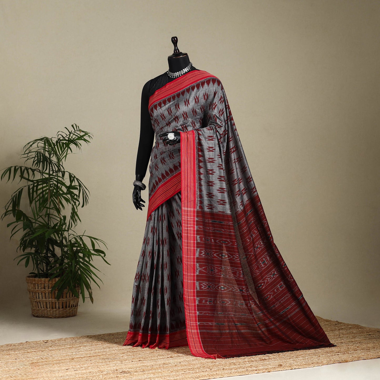 Maroon - grey - handloom cotton sambalpuri ikat saree 03