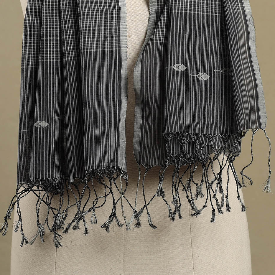 Handloom Cotton Grey Srikakulam Jamdani Stole with Tassels