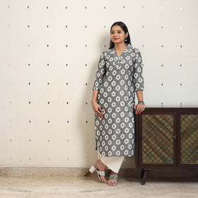 Grey Handloom Cotton Straight Pochampally Ikat Kurta