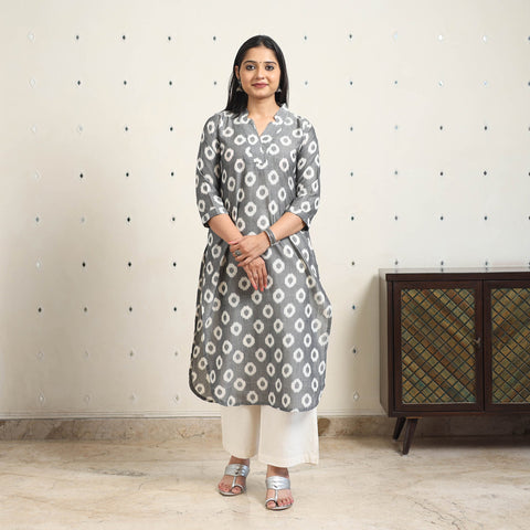 Grey Handloom Cotton Straight Pochampally Ikat Kurta