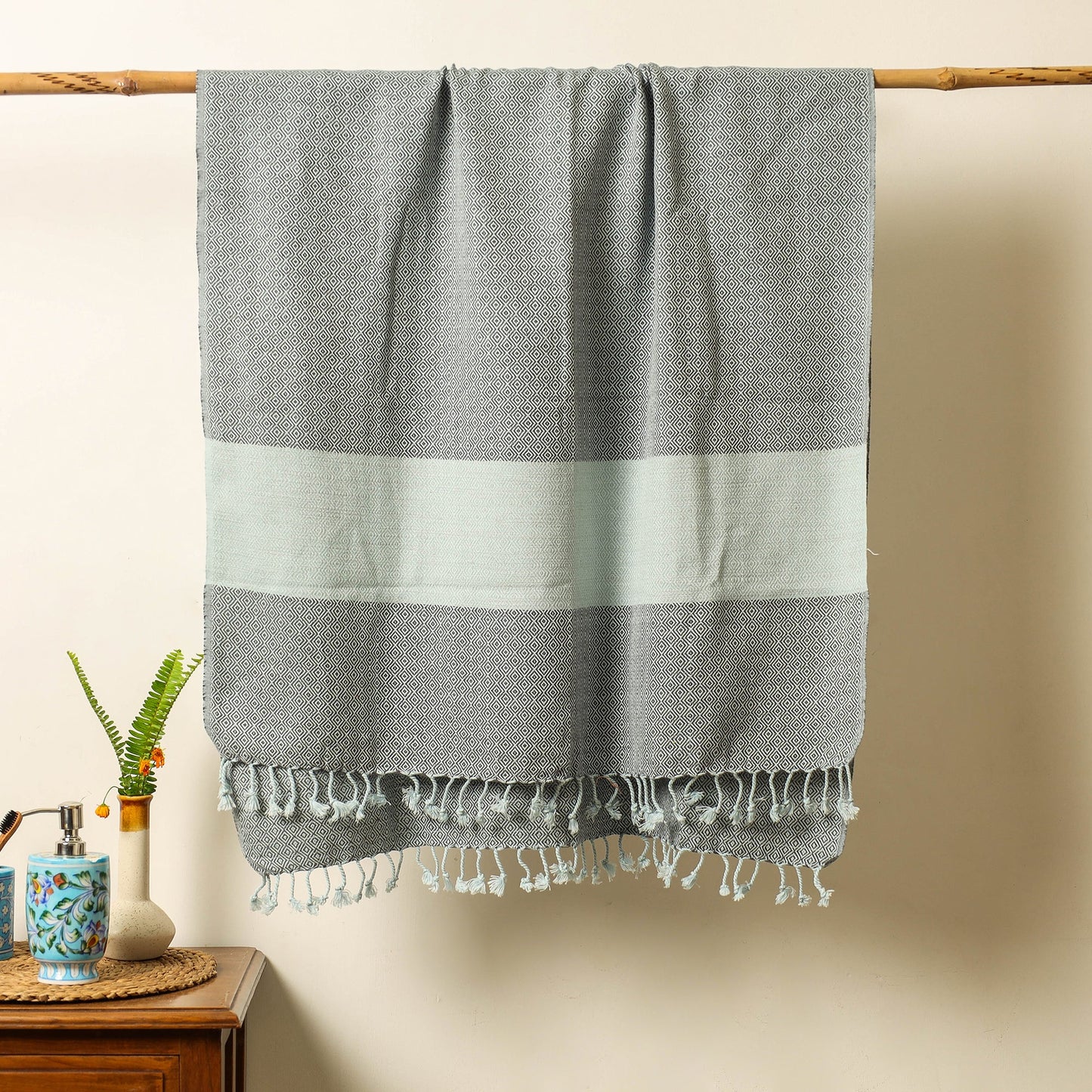 Grey - Handloom Cotton Towel with Tassels from Bijnor by Nizam