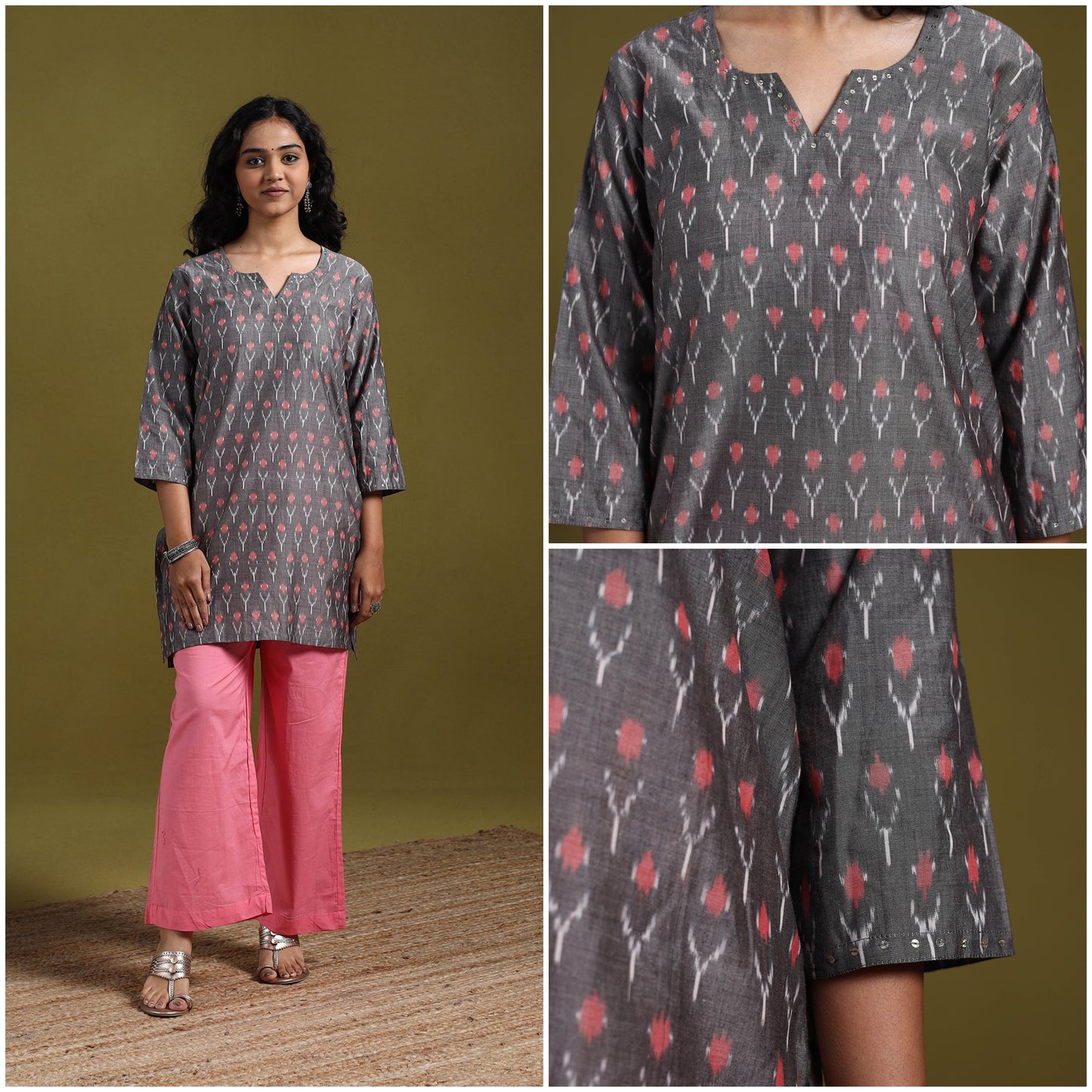 Handloom embroidered mercerised cotton short pochampally