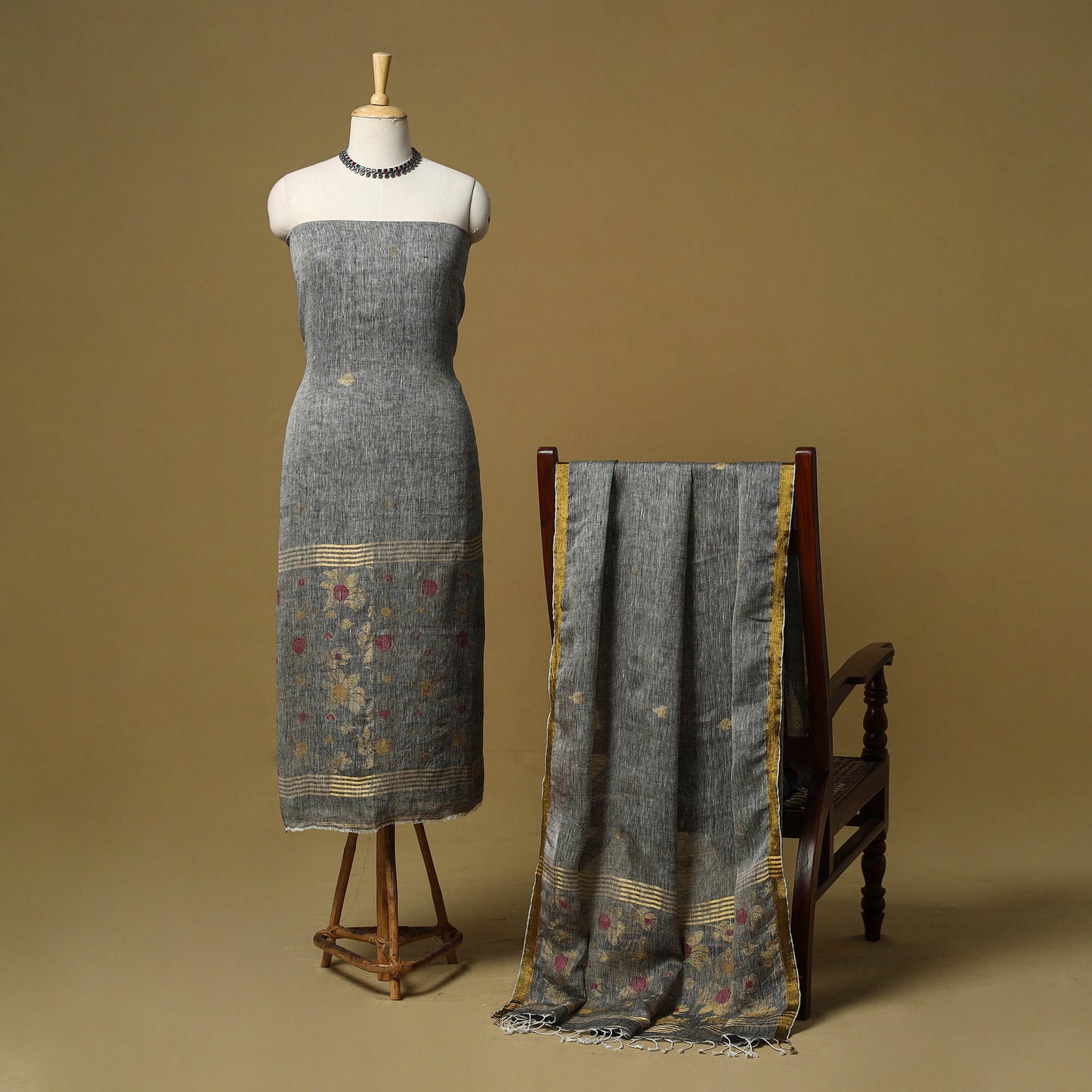 Handloom phulia jamdani linen silk 2pc unstitched dress