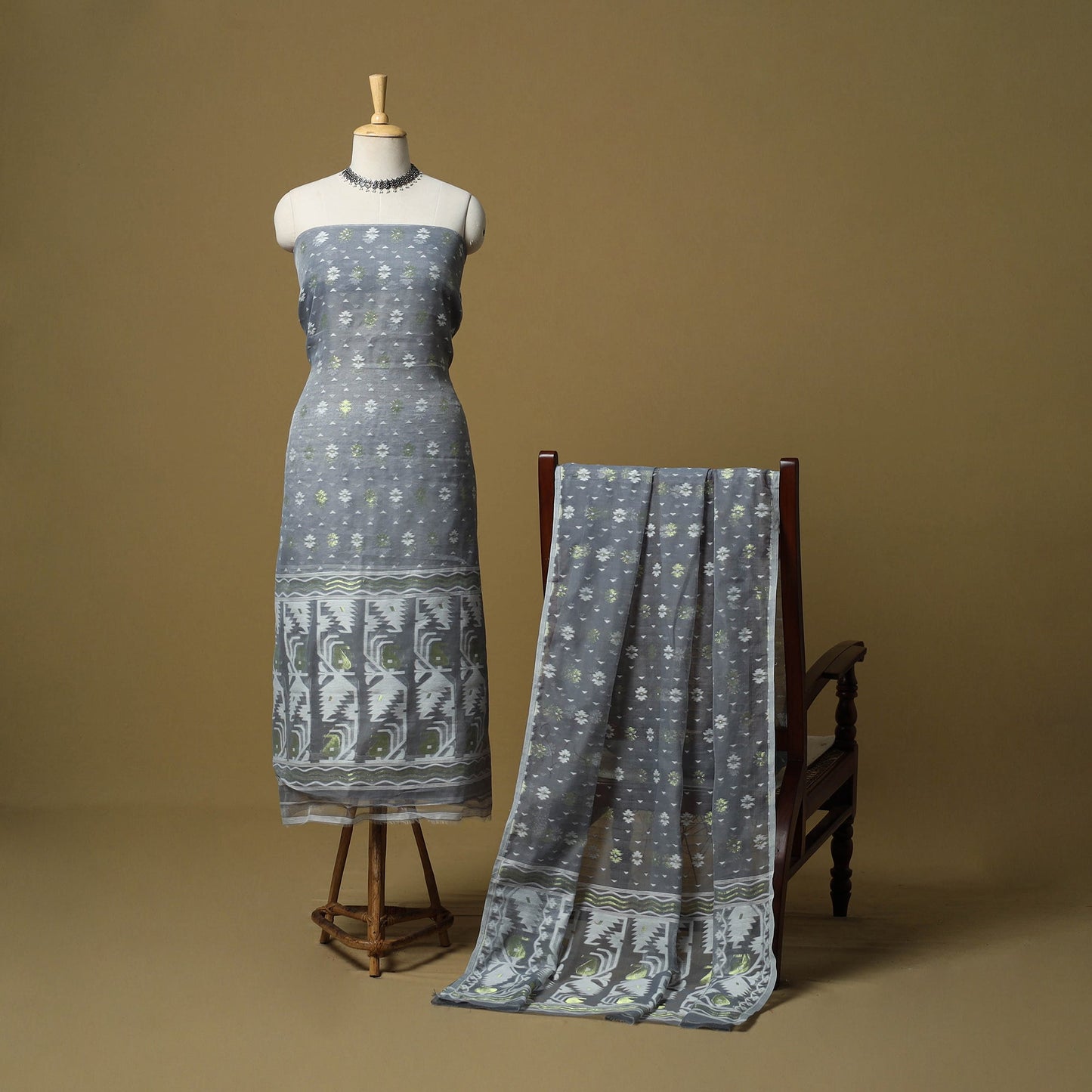 Grey - handloom phulia jamdani silk cotton 2pc unstitched