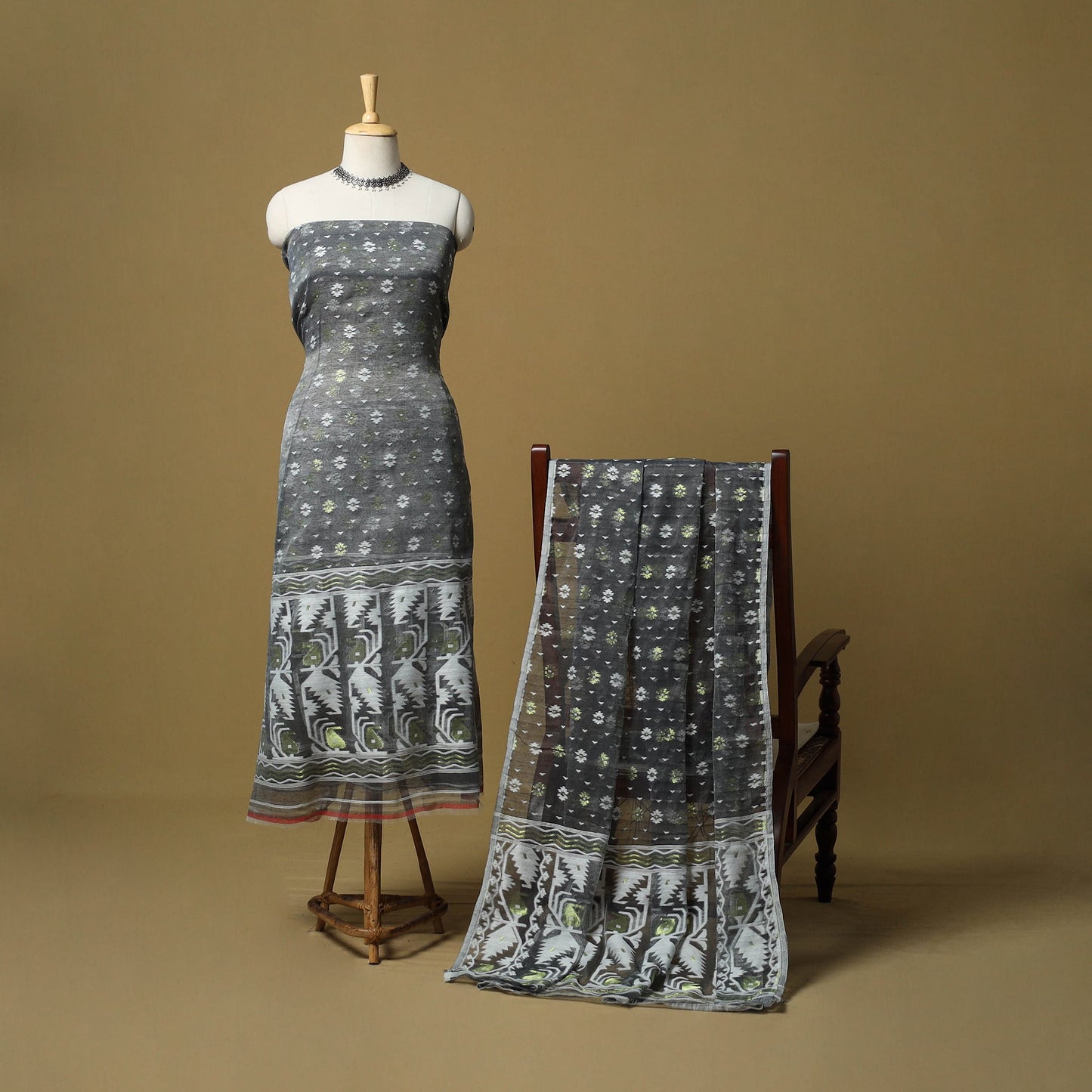 Grey - handloom phulia jamdani silk cotton 2pc unstitched