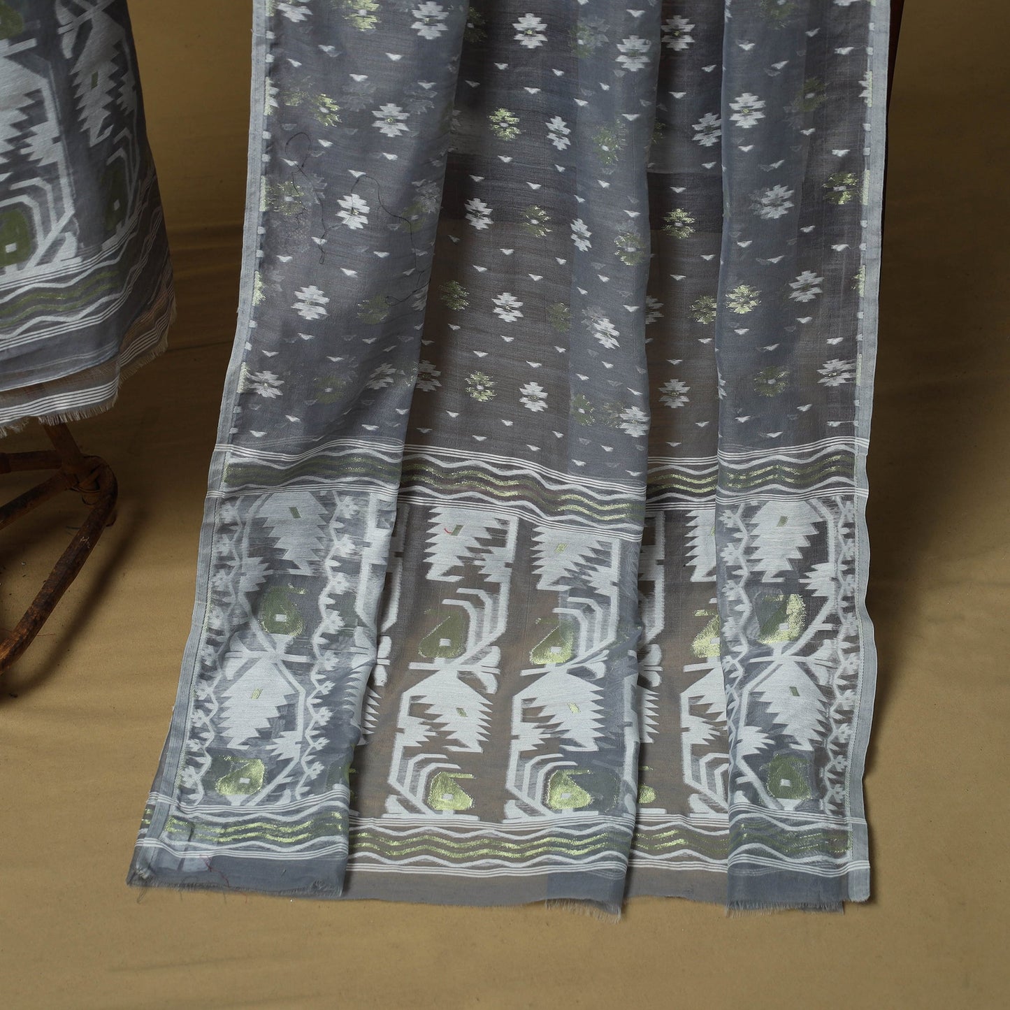 Grey - handloom phulia jamdani silk cotton 2pc unstitched