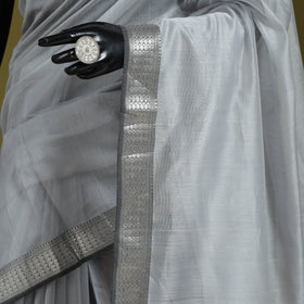 Grey - handloom silk cotton maheshwari saree with zari