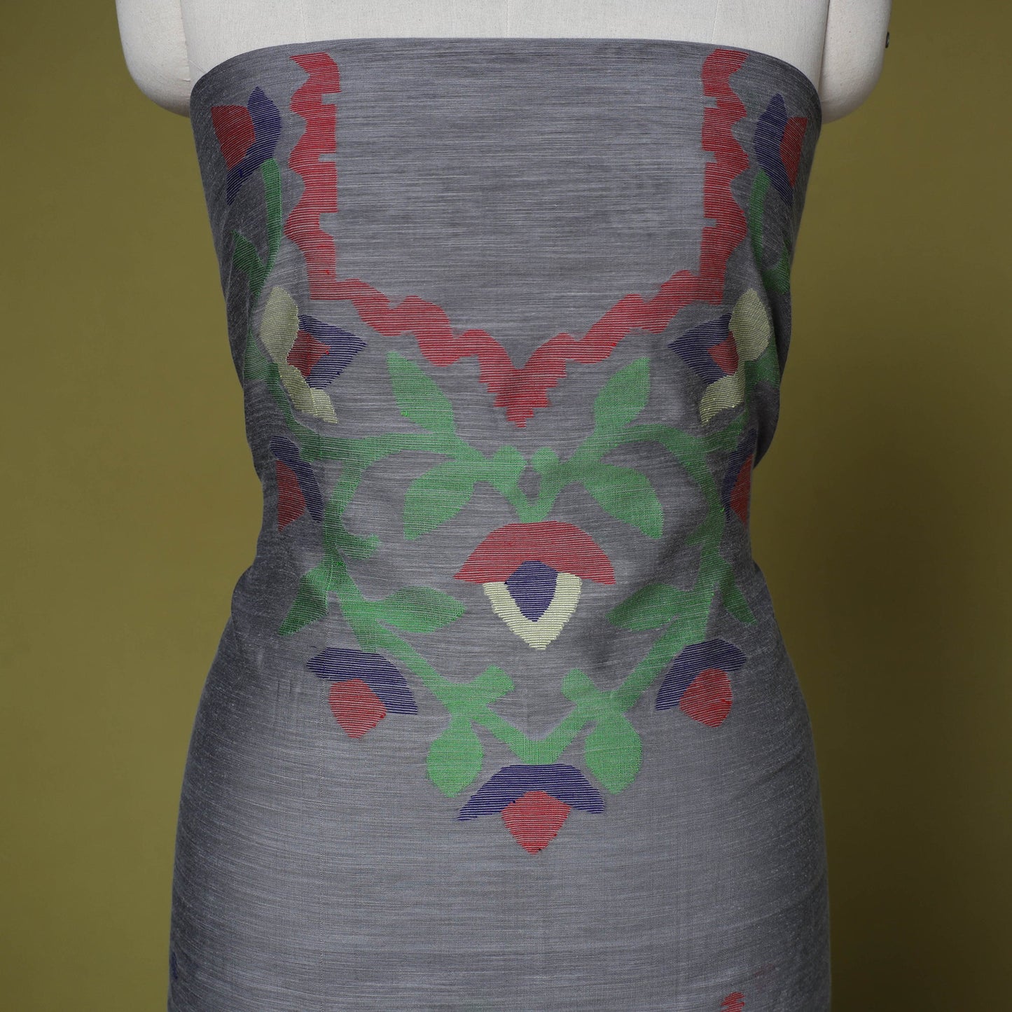 Grey - handloom silk cotton unstitched phulia jamdani kurta