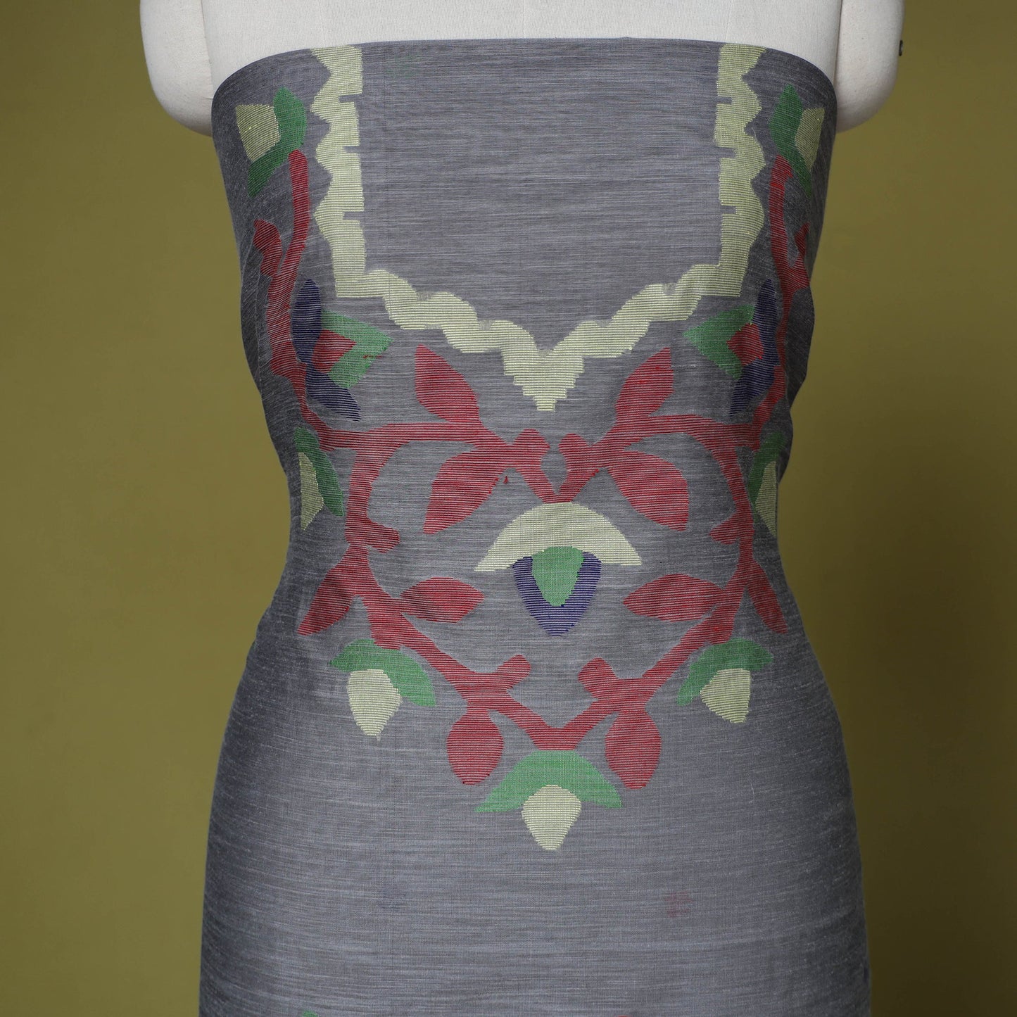 Grey - handloom silk cotton unstitched phulia jamdani kurta