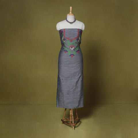 Grey - handloom silk cotton unstitched phulia jamdani kurta