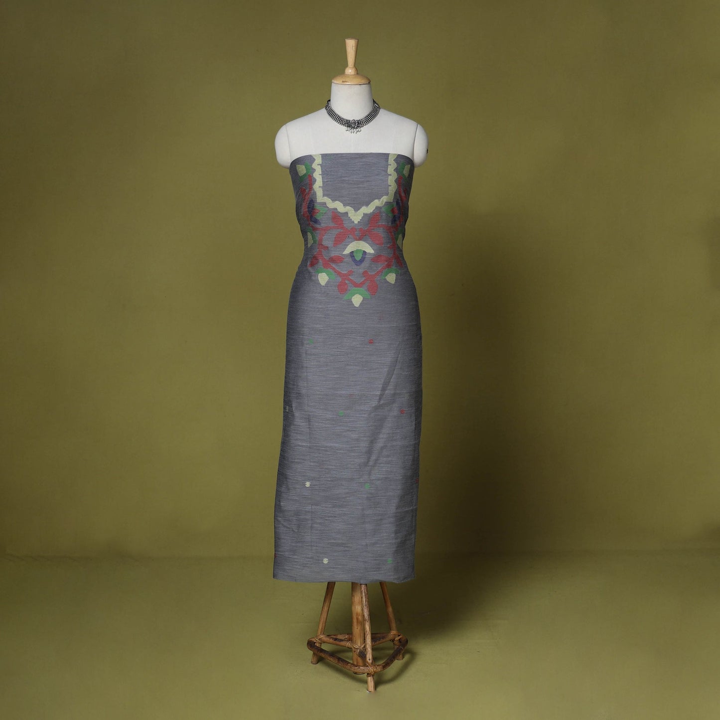 Grey - handloom silk cotton unstitched phulia jamdani kurta