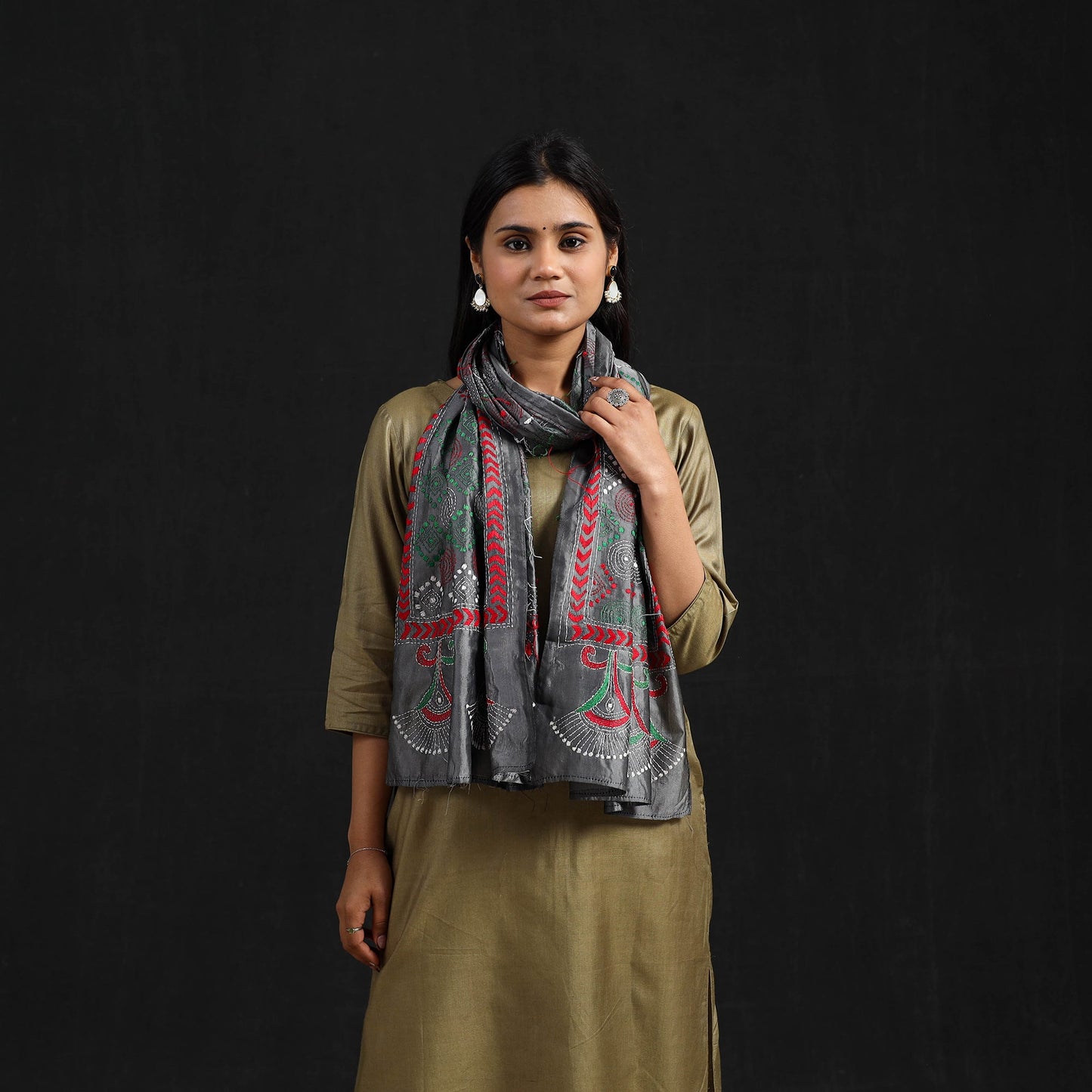 Grey - handloom tussar silk bengal kantha work stole 59