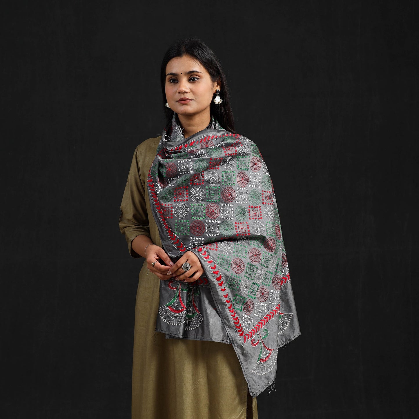 Grey - handloom tussar silk bengal kantha work stole 59