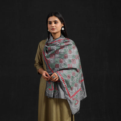 Grey - handloom tussar silk bengal kantha work stole 59