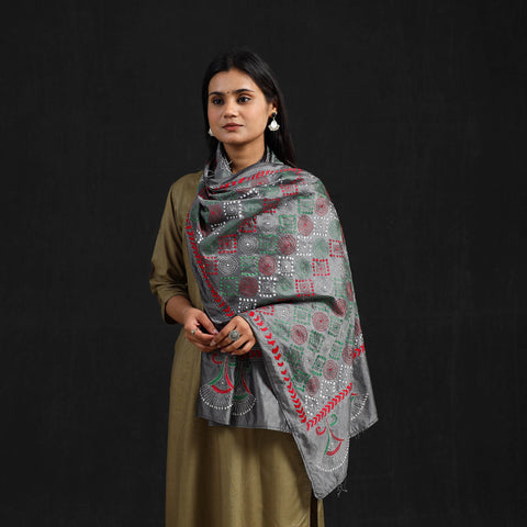 Grey - handloom tussar silk bengal kantha work stole 59